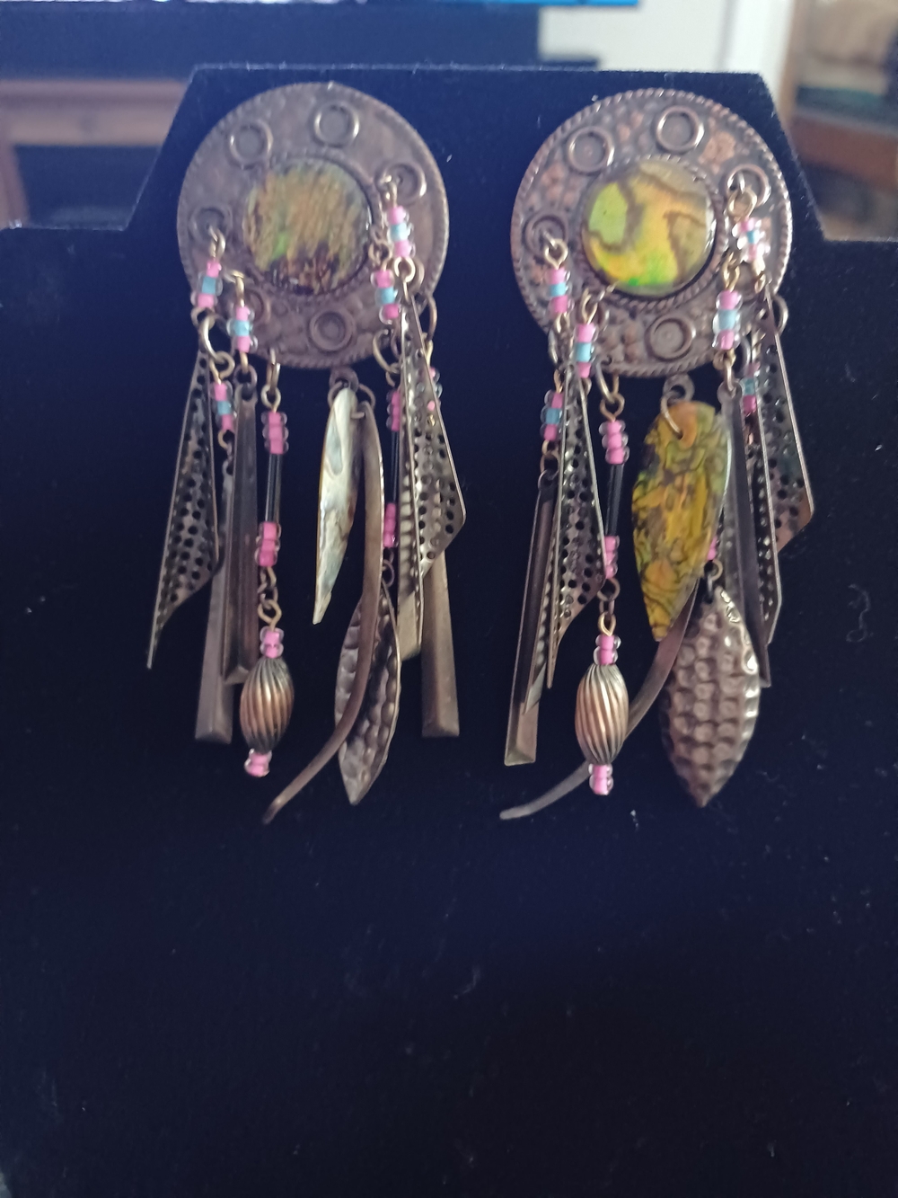 Boho Dangle Pierced Post Earrings with Green Stone and Pink Accents